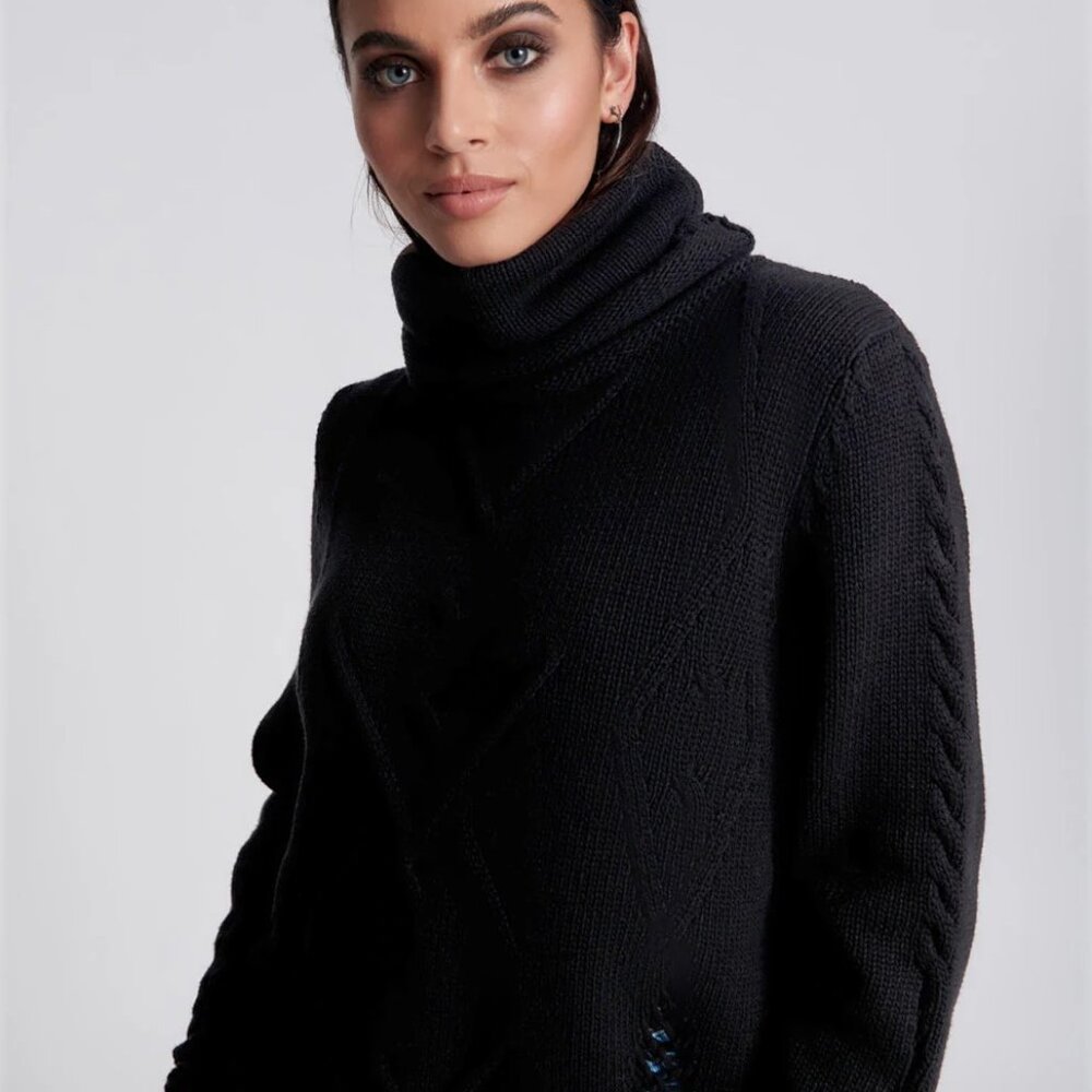 NWT | One Teaspoon Oversized Laddered Rollneck Distressed Sweater Black‎ XS $216